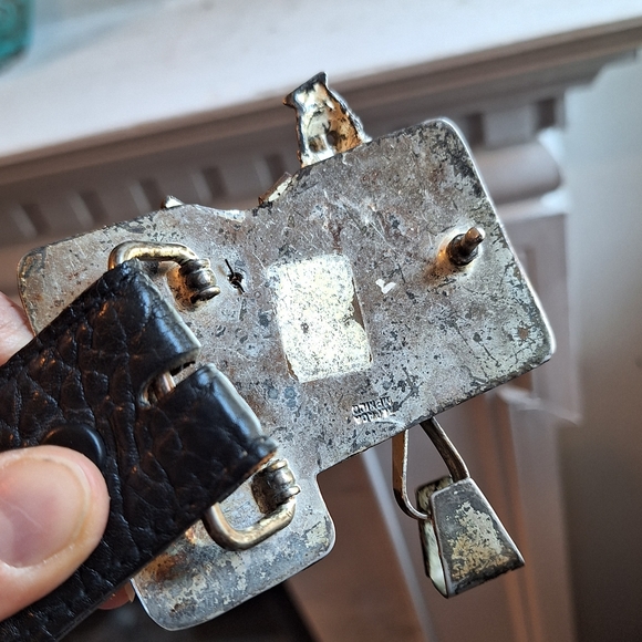 Vintage Mexican black leather belt and longhorn saddle metal belt buckle size 42 - Picture 4 of 10